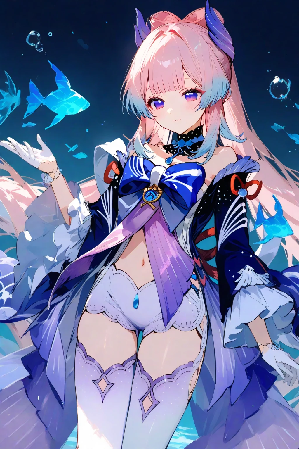 (Realistic painting style:0.9), masterpiece, best quality, absurdres, looking at viewer, solo, sangonomiya kokomi (sparkling coralbone), no pupils, sangonomiya kokomi, 1girl, solo, pink hair, bow-shaped hair, long hair, sitting, looking at viewer, gloves, bare shoulders, water, bangs, multicolored hair, no shoes, white gloves, smile, purple eyes, wide sleeves, bow, blue hair, socks, gradient hair, full body, frilled sleeves, fish, white background, thighs, legs, jellyfish, blunt bangs, frills, blush, closed mouth, blue eyes, long sleeves, detached sleeves, knees up, very long hair, feet, wet, vision (genshin impact), hair ornament, water drop, colored tips, white socks, shorts, (large breasts:1.2), white thighhighs
