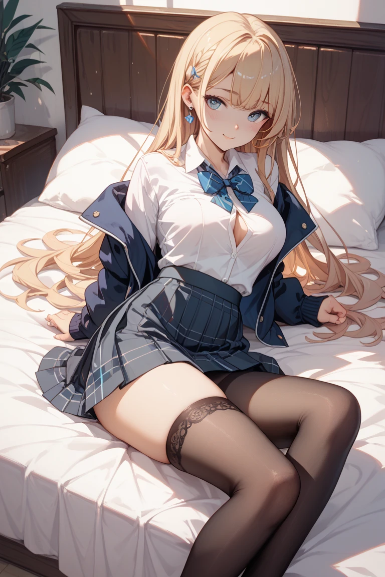 highest grade、​masterpiece、HDTV、（full bodyesbian）、frontage、bilaterally symmetrical、Mature tall high school girl、独奏、(頭からつま先までのfull bodyesbian姿)、small tits、Longhaire、slightly disheveled hair 、(Black tights)、(black pantyhose)、Black pantyhose、Composition showing white panties、Slender and long beautiful legs、Composition from above the white bed、Composition of sleeping with legs stretched out、A very beautiful and tall 17 year old girl、(feet without shoes)、blushing、shy big eyes、 (bangss)、Unkempt hair、(hair clips)、Looking at the camera、Show white pants、White ruffled lingerie、High School Uniform Blazer、high school uniform white blouse、Blue ribbon on high school uniform、 High school uniform with short plaid pattern and navy pleated skirt