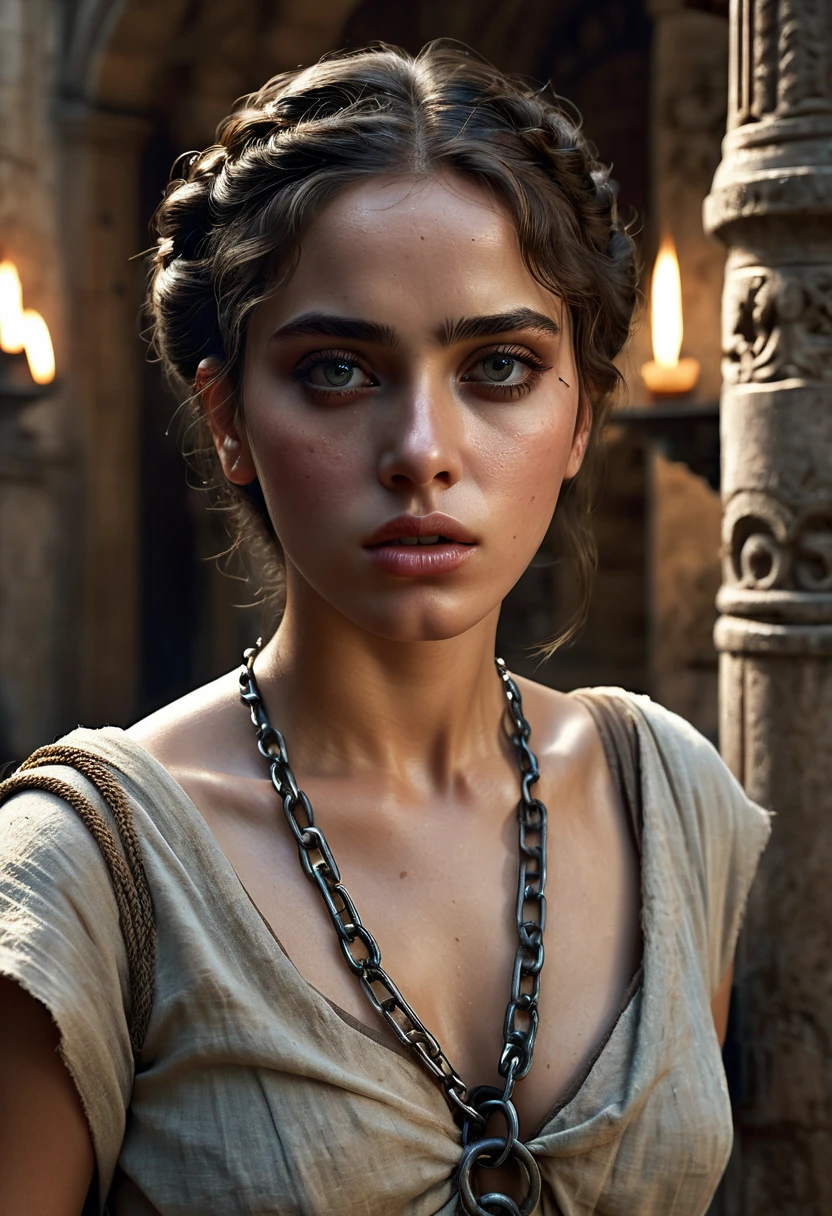  females slave, extremely detailed face and eyes, large expressive eyes, beautiful detailed lips, long eyelashes, delicate facial features, expression of fear and desperation, chained wrists, tattered clothes, slave market stall, ancient roman architecture, stone pillars, dimly lit interior, dramatic lighting, muted color palette, realistic rendering, cinematic composition, masterpiece, (best quality,8k,highres,masterpiece:1.2),ultra-detailed,(realistic,photorealistic,photo-realistic:1.37)