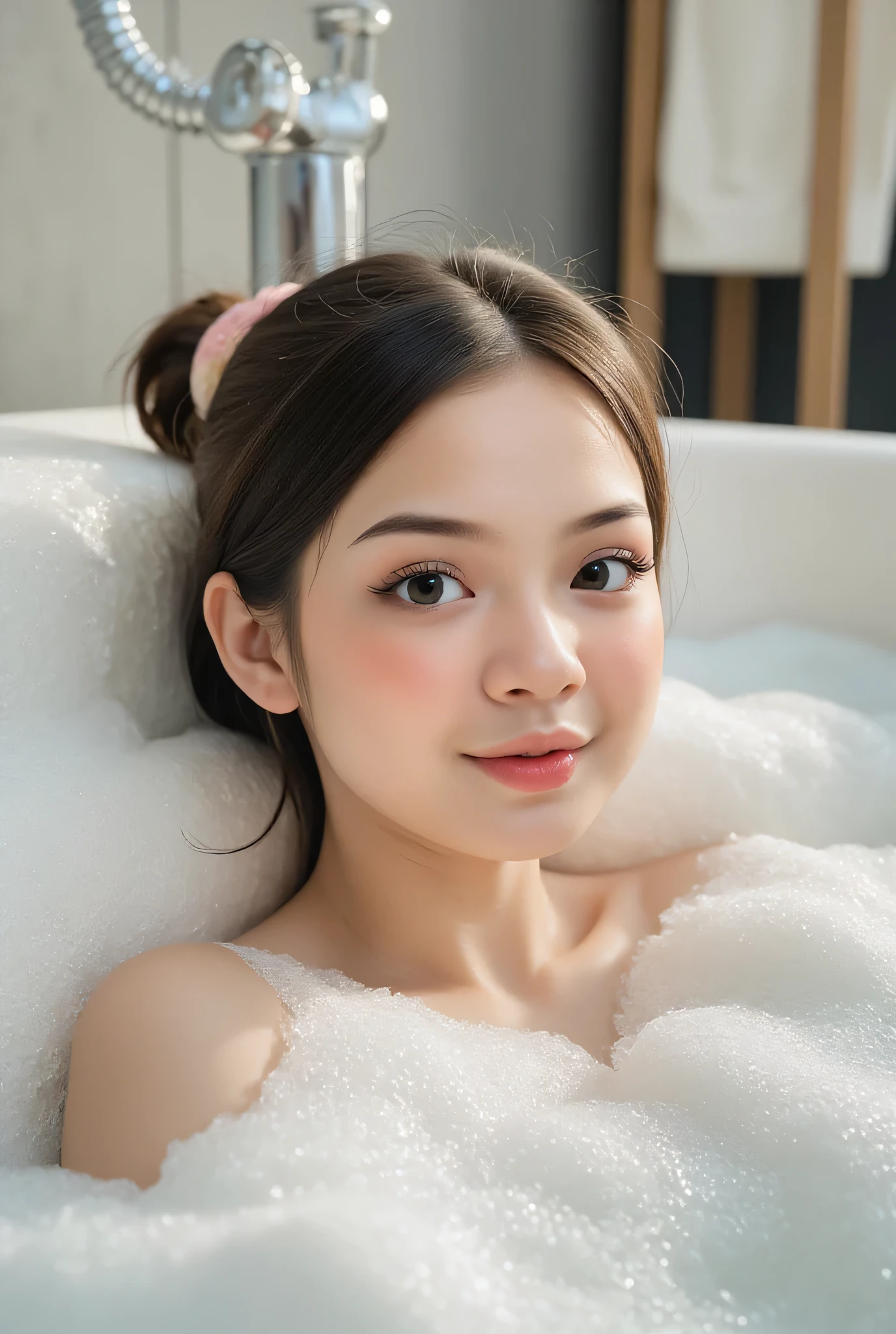 CREATE ANIME CARTOON 3D PHOTO, "A highly realistic, ultra-detailed portrait of a woman relaxing in a bubble bath, captured in the best settings of a SONY A7R with a fast prime lens (f/1.8). The scene features a minimalist bathroom with soft, natural lighting, emphasizing the subject's smooth skin, delicate facial features, and the dynamic texture of the foam. Hyper-detailed textures, cinematic lighting, and a sharp focus create an immersive depth. 32K resolution, photorealistic rendering, skin pores and water droplets visible, ultra-sharp image, professional photography style."
.