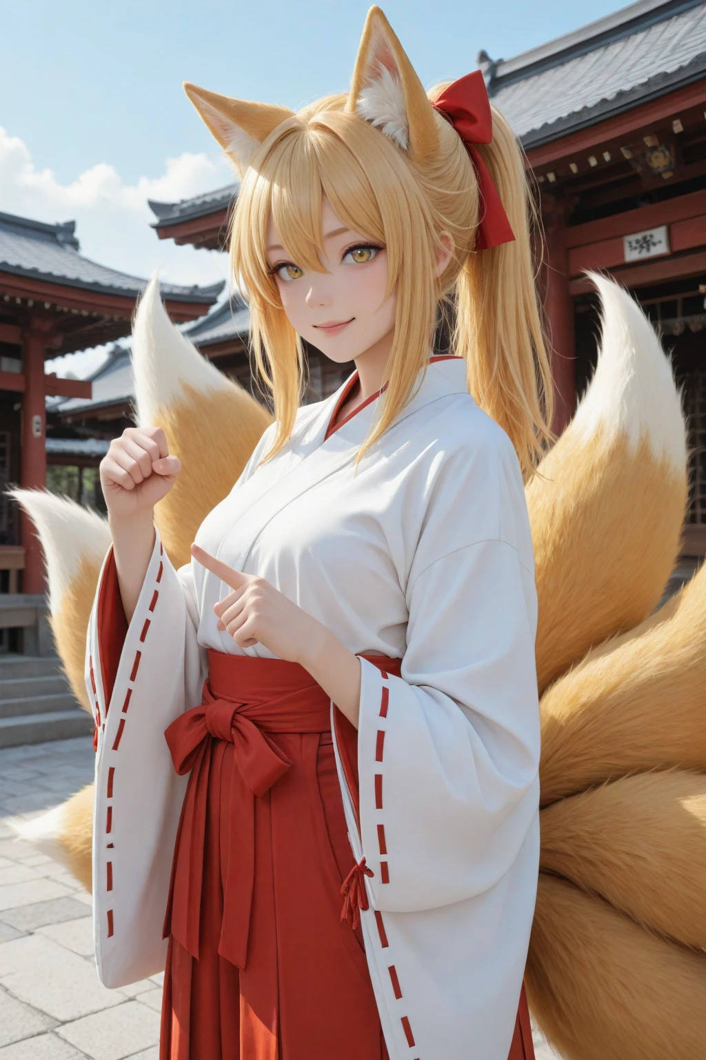 nine tailed fox、Demon Fox、Tamamo-mae、blonde、blondeロング、long hair、Princess Cut、princess cut、Miko costume、shrine maiden costume、big breasts、big breasts、One person with outstanding style、1 person only、butt、SEX、buttを見せつるポーズ