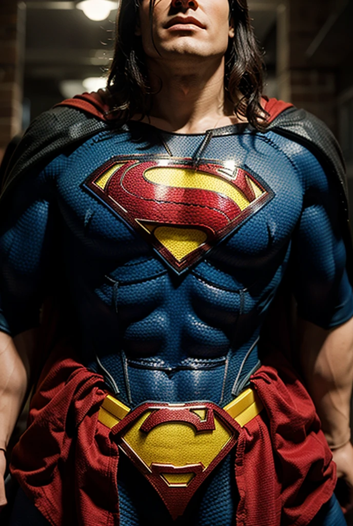 A Superman, a chiseled face, with dark, wavy hair, piercing blue eyes that radiate kindness and determination. His imposing physique is defined by toned muscles and a confident posture, revealing an incredibly beautiful and powerful man.
