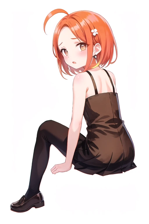 1girl,solo,white background, simple background, full body,sitting,red hair,ponytail, green eyes