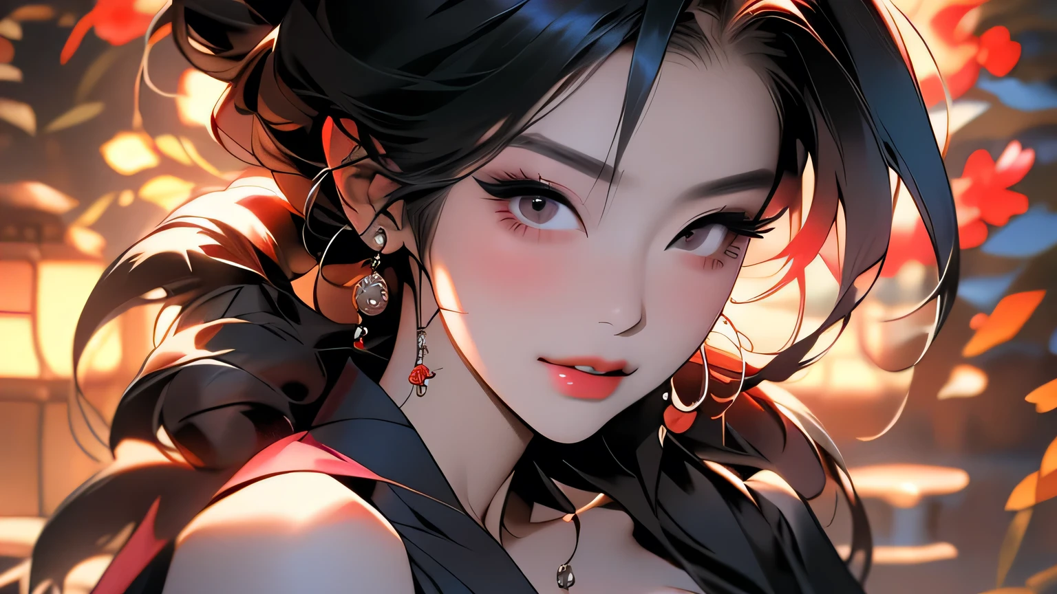 Nezuok,realistic girl with long brown hair,beautiful detailed eyes,beautiful detailed lips,longeyelashes,demon slayer outfit,cute and adorable expression,demon girl,kawaii,anime style,vibrant colors,dramatic lighting,highly detailed,masterpiece,8k,photorealistic