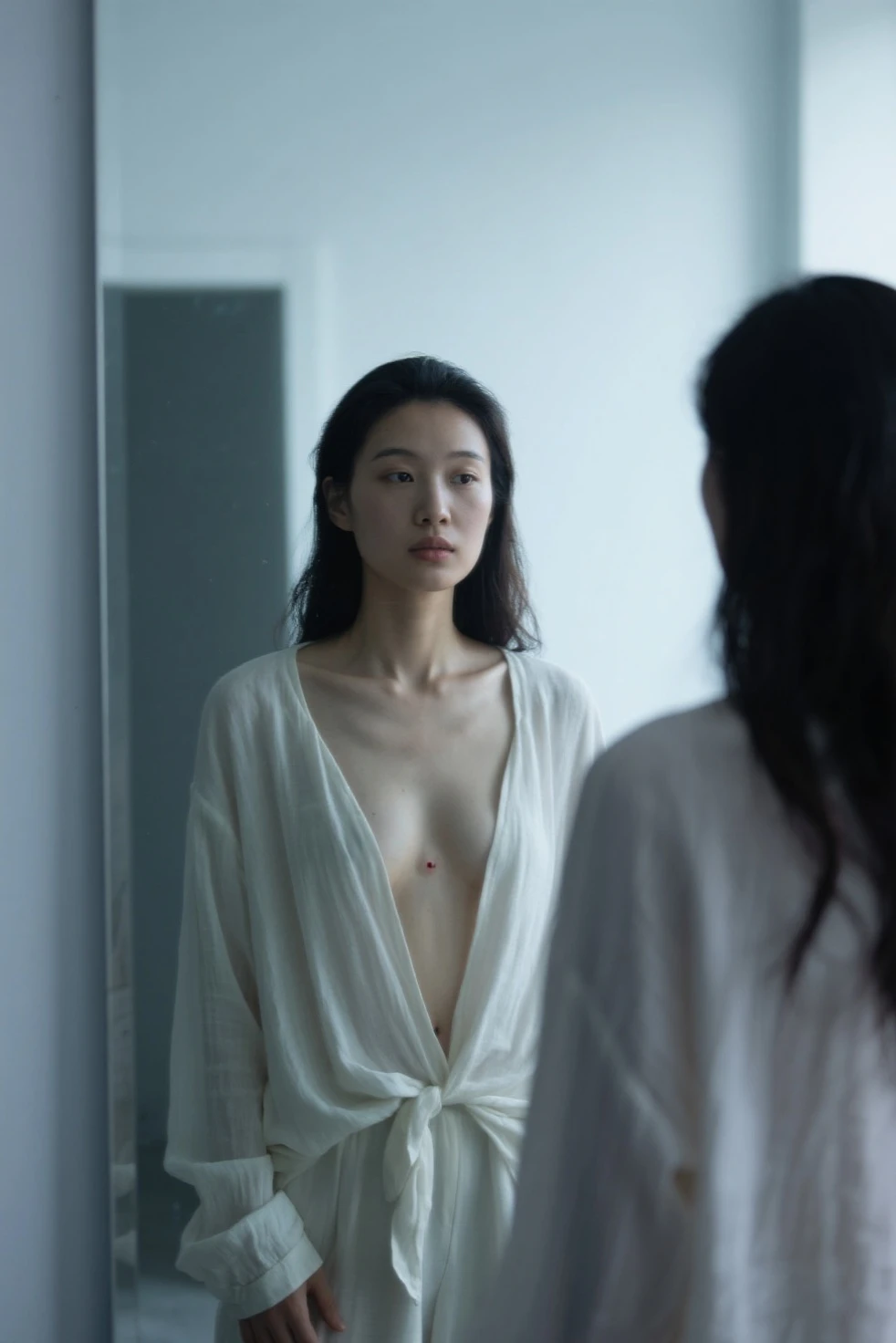 A teen 1 girl taking a mirror selfie in bra and panty in the middle of the night
In her bathroom
Red panty
Black long hair
Dark midnight
No visible veins