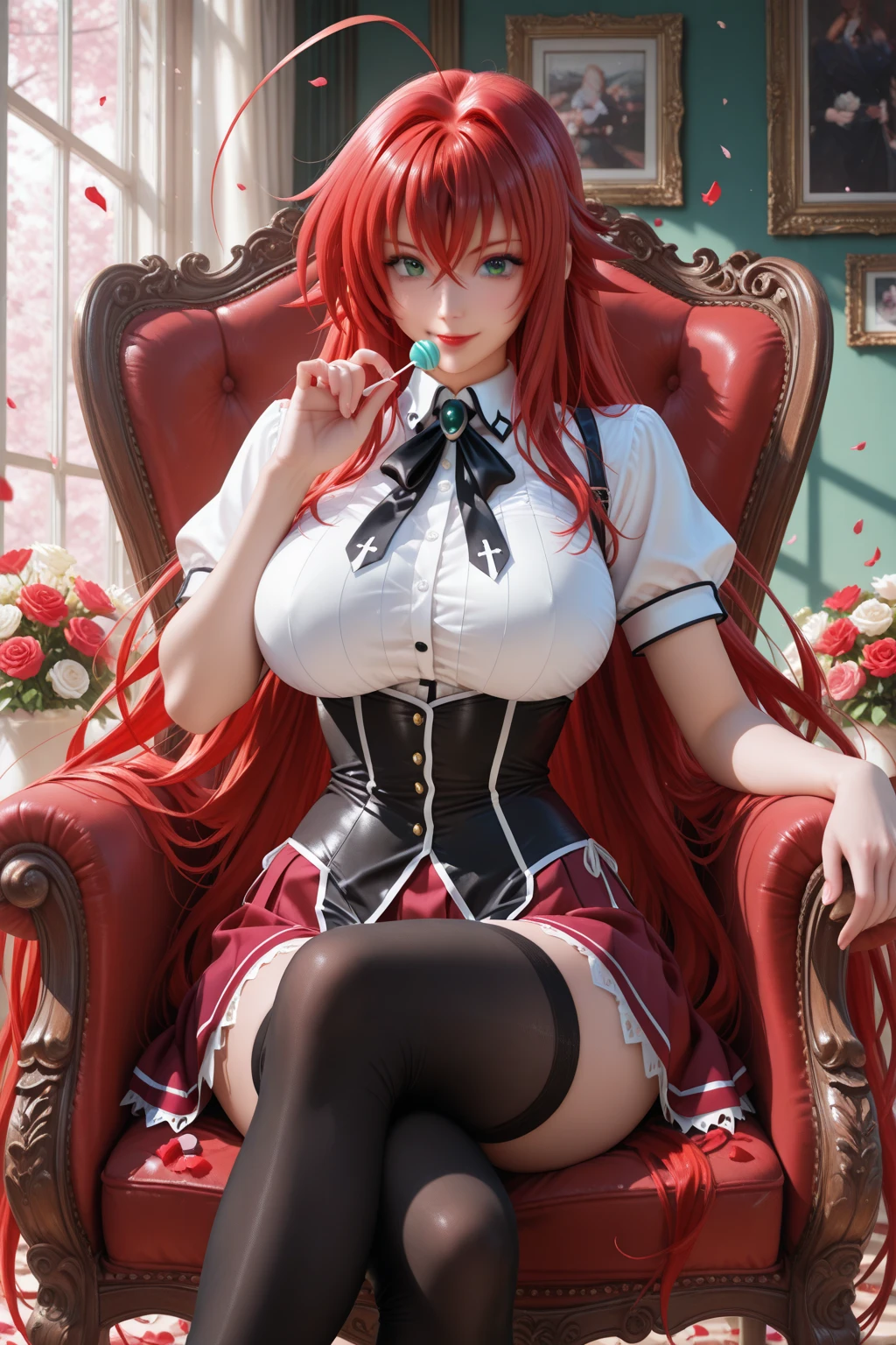 Girl with red hair, freckles on her face, a white sweater showing her belly, black leggings, a pair of long boots, a piercing in her navel, big breasts and a big ass, the scene focuses on her breasts and ass, she is sitting on a chair with legs and black gloves