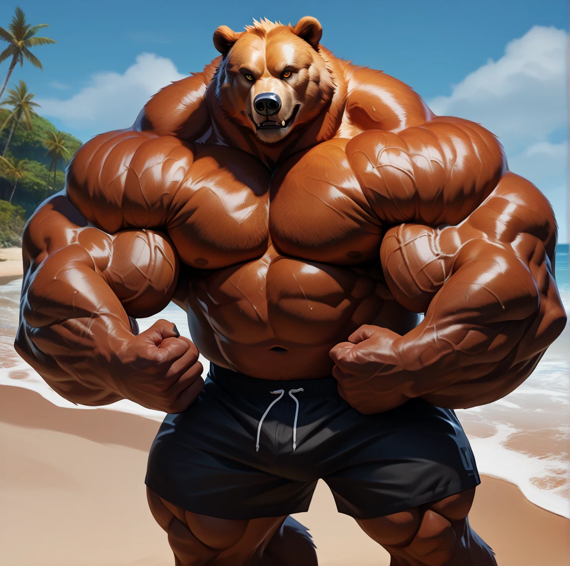 solo, 1boy, Huge Muscular Old Grizzly Bear wearing glasses , pectoral, huge pectoral, wide pectoral, brown fur, short brown hair, black competitive briefs, wristbands and shirtless topless, bearded, brown Mustache, muscle beach background, masterpiece, high detailed, 8k, high resolution, at the muscle beach flexing whole body veiny