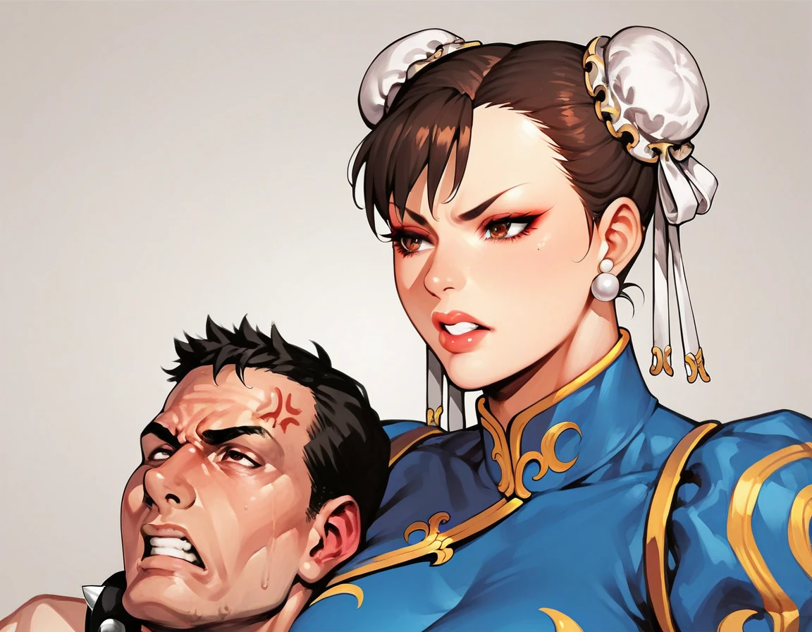score_9, score_8_up, score_7_up, source_anime,1girl, short hair, huge breasts, brown hair, jewelry, hair ribbon, hair bun, double bun,   skin tight, curvy, , dark skinned male, 1boy, muscular female, ,studded bracelet, chun-li, S2Z0n1c21.5XL style 