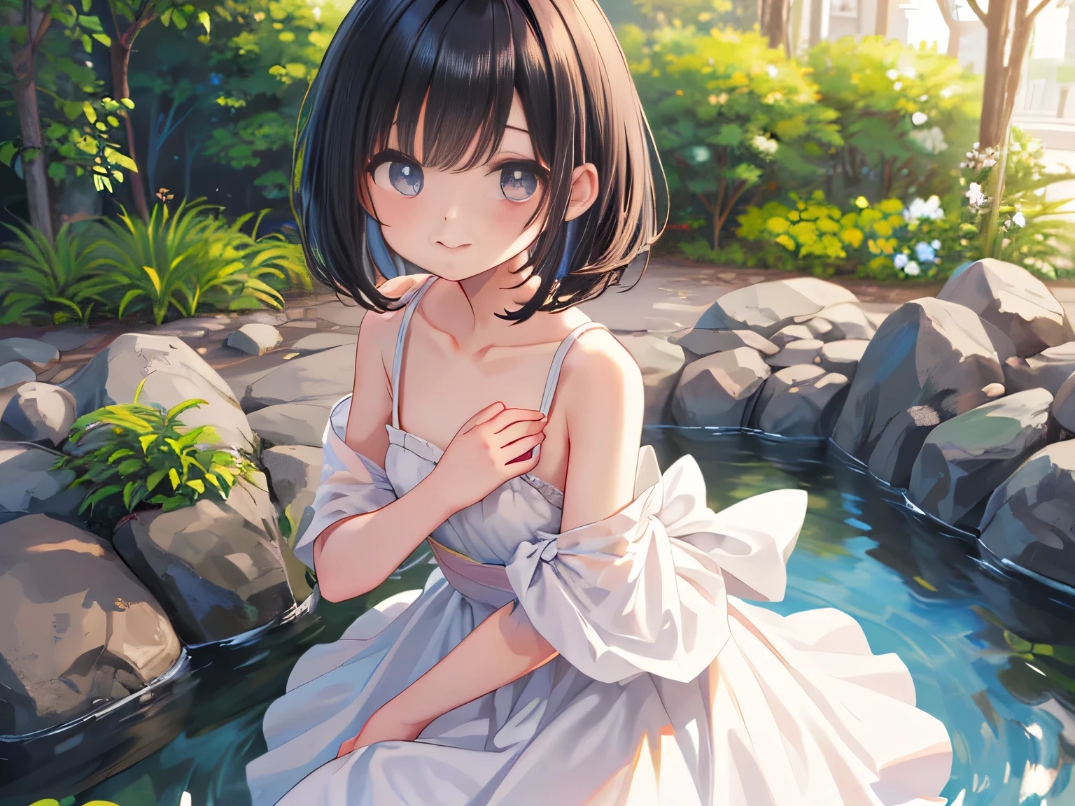Photorealistic、Highest quality、Highest Resolution、Highest quality、8K、1人のBeautiful woman、Beautiful woman、Beautiful woman、cute、Bob cut hair、Dark Hair Color、Pale blue eyes、cute水着、Pool、Waterslide、Playing with floats、smile、looks fun、