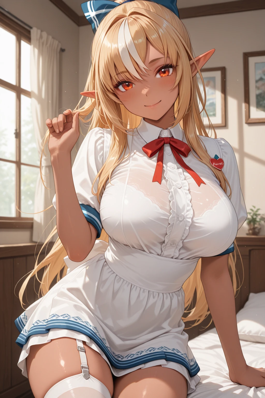 1girl, shiranui flare, streaked hair, dark skin, long hair, blonde hair, hair bow, blue bow, pointy ears, solo, white gloves, detached sleeves, garter straps, white thighhighs, white dress, red eyes, red bowtie, white hair, long sleeves, ponytail,indoor,smile,looking viewer,huge breasts,(spoken heart),blush,nsfw