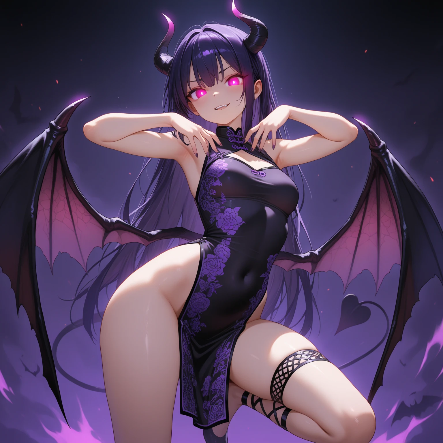 4k, High Definition, 1 girl, Swimsuit, color del Swimsuit: negro, tipo de Swimsuit: Bikini, short hair, Hair color: purple, slanted eyes, Eye color: purples, macabre smile, BIG BREASTS, big thighs, demon tail, demon horns, small horns, sharp teeth.
