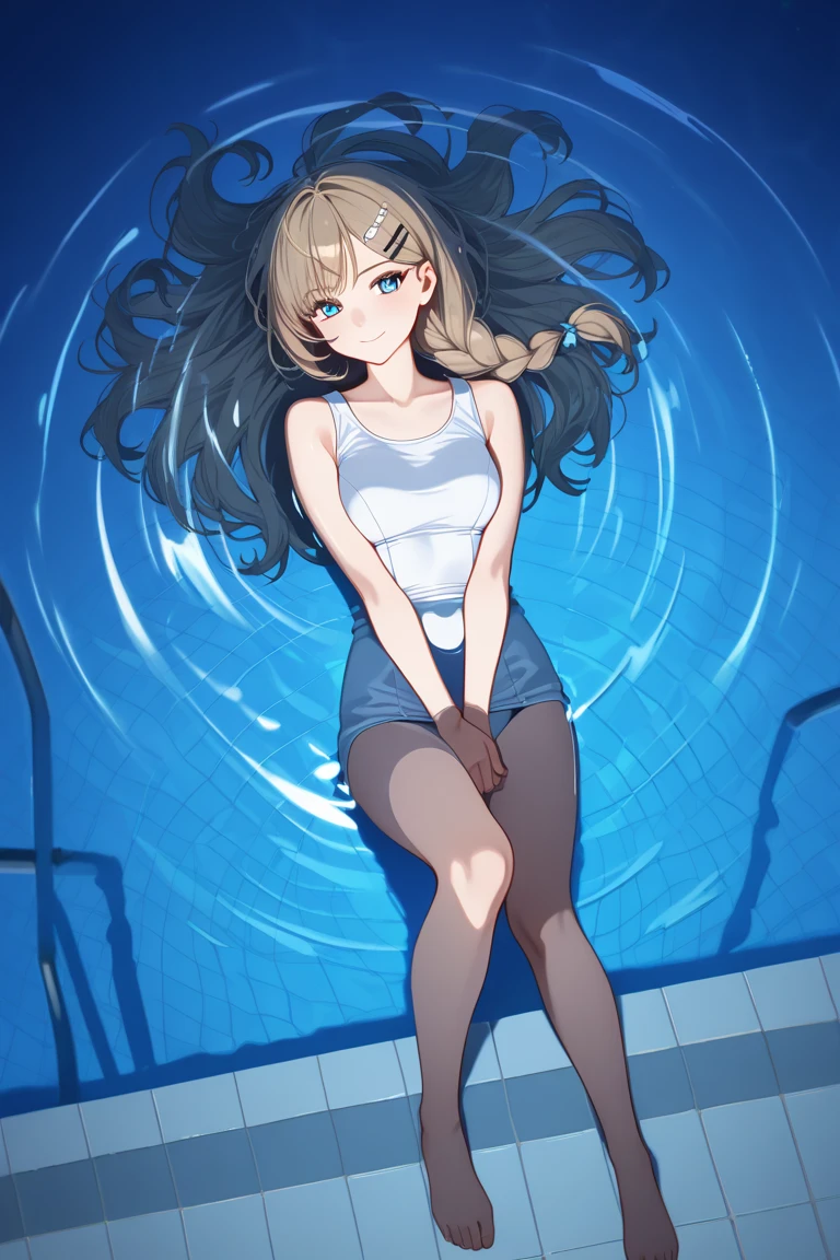 (masterpiece)、(absurdres)、(ultra detailed)、solo lady、dark blonde hair:1.2,(straight long hair)、BREAK、(shiny blue eyes:1.0)、BREAK、(athletic)、[flat chest]、(during:0.9)、(pierce:0.8)、(bracelet:0.7)、(Black Bikini),no gravity、Wind、In the water、depth blue background,fullbody shot,Sitting in the air、floating babbles:1.3,