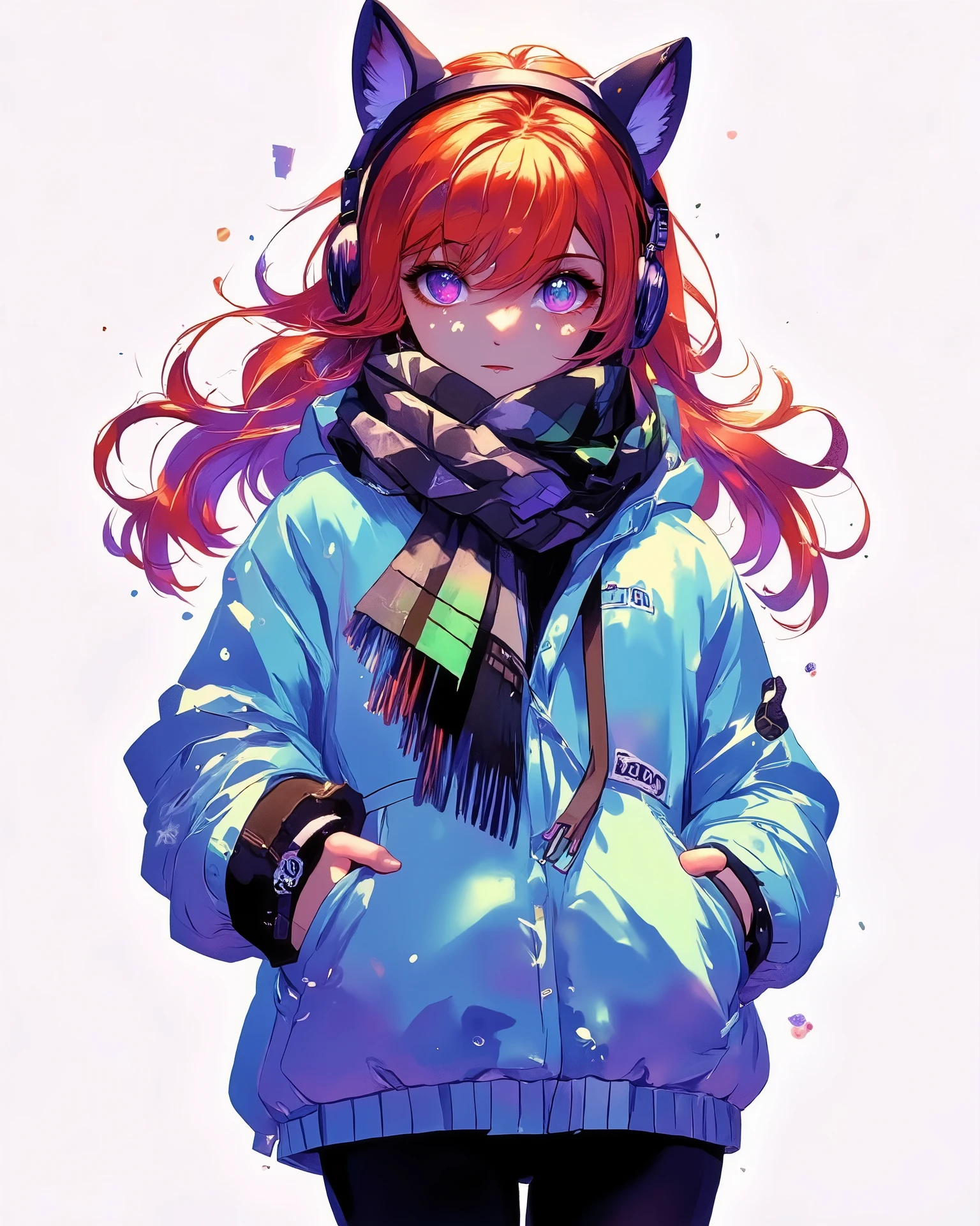  masterpiece. detailed image, perfect human anatomy, very detailed eyes, vivid colors, 4k, a beautiful woman (beautiful curves) with long red hair wavy at the ends, purple eyes, wearing winter clothes: a padded jacket ((light blue)) at waist height, a gray winter cold glengarry and a large green and black plaid scarf ((leaving only the eyes showing of the character covering much of the face, leaving only the eyes out)), cat ears headphones, tight black leggings, black all star sneakers, hands in the pockets of the coat, close-up, neutral background, no background, perfect lighting, ray tracing, perfect shadows 