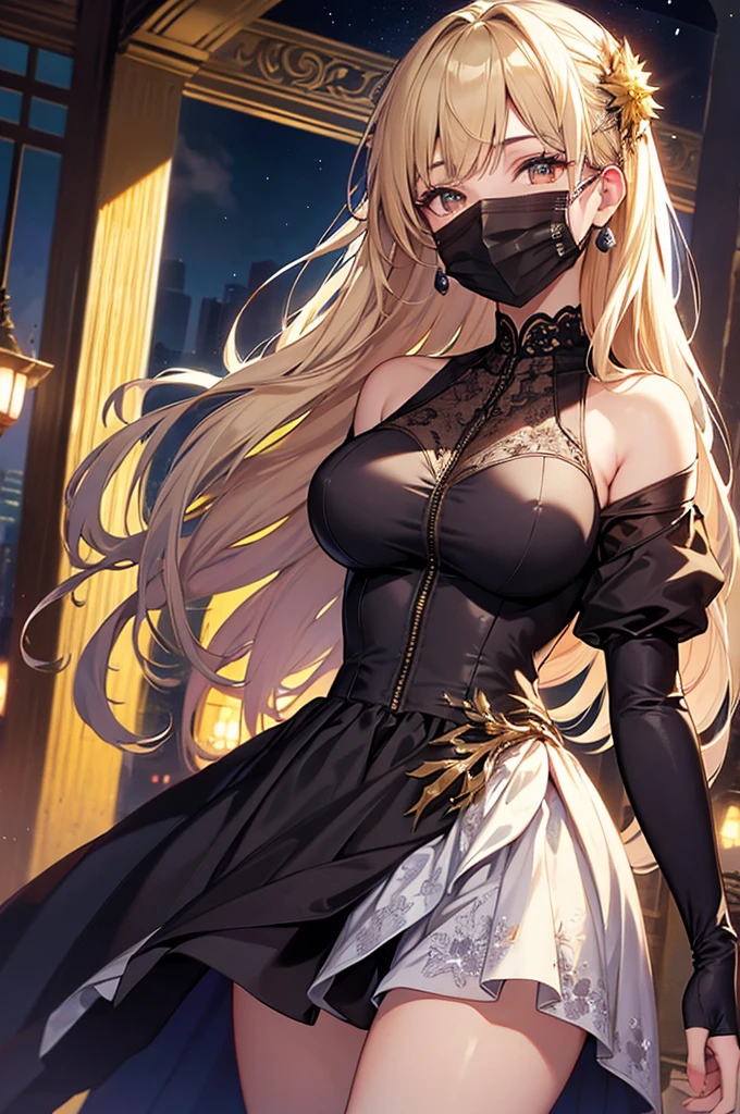 masterpiece:1.4,best-quality,Super Detail,Very Delicate and Beautiful, ( confinement ), beautiful and kind lady, blonde long hair, very gigantic breasts, very slender, perfect face, black princess dress, at night