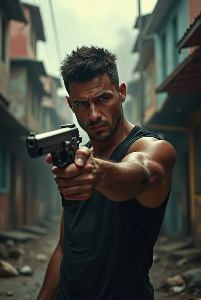 Generate a detailed low angle image visual of a man with a modeling look.He has short hair and is pointing a gun with his right hand directly at the camera.But the poster shows the man in low angle frame. From bottom to top angle.There is a bleeding wound on his left hand, around which a cloth is wrapped.The wound on the left hand is wrapped with a cloth, tightened and bitten with the mouth.He has a flexible and slim body and is shirtless. The image should be dramatic and intense, with a focus on the man's expression and posture.Action Movie poster.