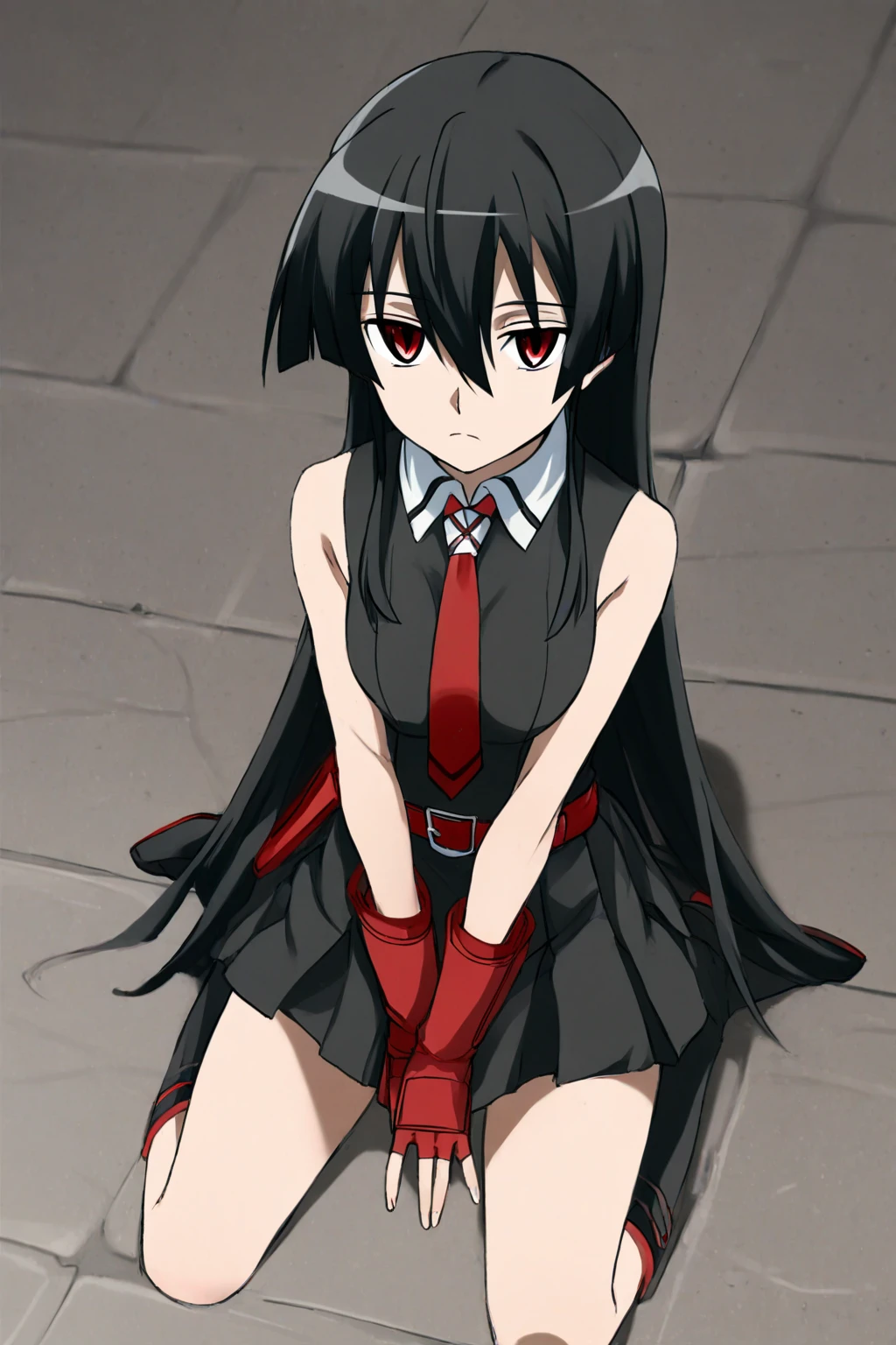 Master piece, best quality,(((1girl,solo))),full_body,akame,red_eyes,black_hair,(((very_long_hair))), yellow_hoodie, short _shorts, loose_socks, sneakers,looking_at_me,backgroud_road