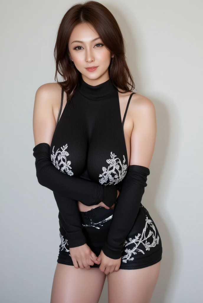 beauty、He is wearing a black and white striped dress shirt and a black vest.、Wearing a flashy black feather coat、Big Breasts、wear tight black and white striped trousers、He has two red belt holders on his waist..、Wearing flashy sleeves and gloves、Wearing a black tie、White Background