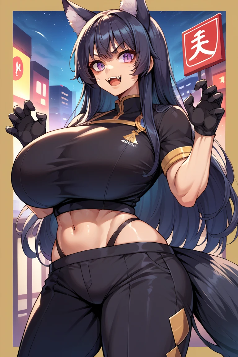 girl, dark blue hair, black leggings, white fur jacket, wearing top hat, Wizard of the Hat, 4k, in a city, Smiling masterpiece, tattooed breasts