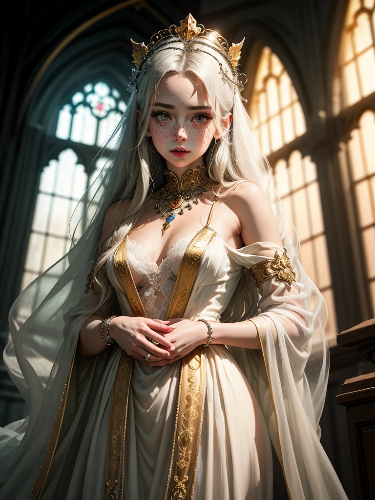 Girl, transparent, see through, silver and gold dress, topless, silver hair, tiara, glove, chokes, silver long sleeves, silver veils, ear wear, detailed hand, oval face, smile, picture form top to knee, sexy pose, extra large breasts, look at camera, camera from top, detailed, night, castle background, photorealistic, best quality