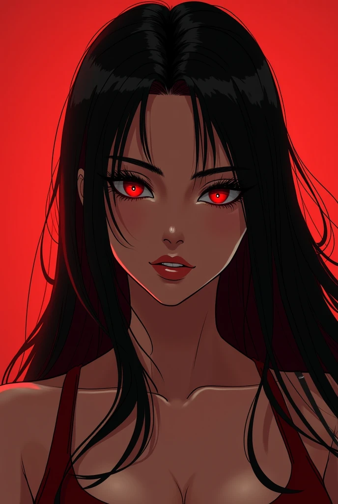 A stylized digital portrait of a young woman with long, sleek dark hair, posing with a tilted head and gazing directly at the viewer. She has sharp, well-defined eyebrows, full lips, and a serene yet slightly mysterious expression. The background features glowing red little devil and a heart outline, giving a playful and edgy atmosphere. The lighting accentuates her facial features, creating a dramatic contrast between light and shadow. The overall aesthetic is modern and bold, with a hint of mischievousness.