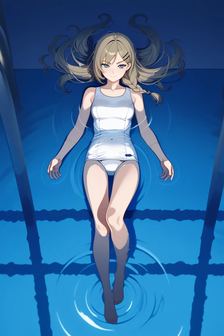 Brown Hair,Shortcuts,Messy Hair,Slender beauty,A dignified posture,Small chest,Beautiful feet,Her captivating grey-blue eyes shine like stars,high quality、最high quality、Complete limbs、超High resolution、Full Finger、Droopy eyes、Slender beauty、Wear a school swimsuit、surprised、Place your hands behind your back,break (masterpiece:1.2), 最high quality, High resolution, unity 8k wallpaper, (shape:0.8), (Beautiful attention to detail:1.6), Highly detailed face, Perfect lighting, Extremely detailed CG, (Perfect hands, Perfect Anatomy),