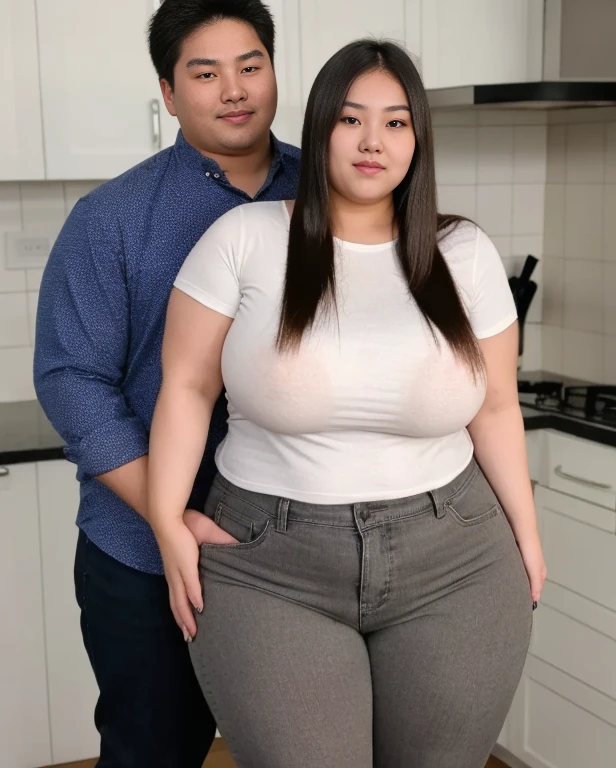 ((1 man, 1 woman)), 186cm 105kg male, Women weighing more than 100kg, Severely obese woman, 초Severely obese woman, A friendly obese man and woman couple, Facing each other, chest and stomach touching, Abdominal exposure, severe abdominal obesity, Women are fatter than men, Women weigh more than men, woman with thick waist, man with thick waist, her belly is fat and round, visible ship, She has a jiggly, fat, round belly, belly exposed, Romantic fat man and woman couple, fat belly, big stomach, WHR>=1.0 woman, man with a big belly, woman with a big belly, 8K, realistic