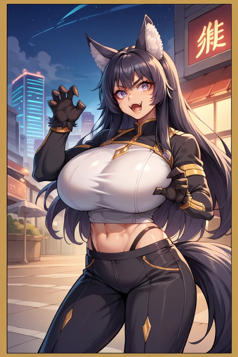 (high quality:1.1),  intricate details,  cinematic lighting, sharp focus,
Annerose, 1girl, solo, standing, cowboy shot,
looking at viewer, determined, 
very long hair, hair intakes, black hair, pointy ears, yellow eyes, hands peace sign,
 (bodysuit:1.05), shiny clothes, 
 large breasts, (covered nipples:1.1), sideboob, 
outdoors, park, character in center, anime screenshot