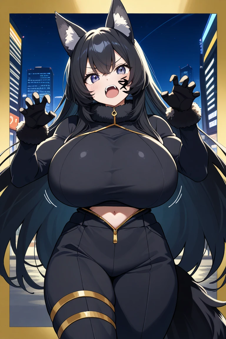 beautiful, alone, 1 chubby woman, long hair tied in a ponytail, black hair, blue highlights at the ends of her hair, silver eyes (detailed eyes), determined look, embarrassed expression, red lips (perfect lips), wide hips, potato thick leg, black leather jumpsuit, peased skirt, long fur cape, futuristic, cyberpunk, cinematic angle, cinematic lighting, artwork, best quality, nsfw, crotch rubbing