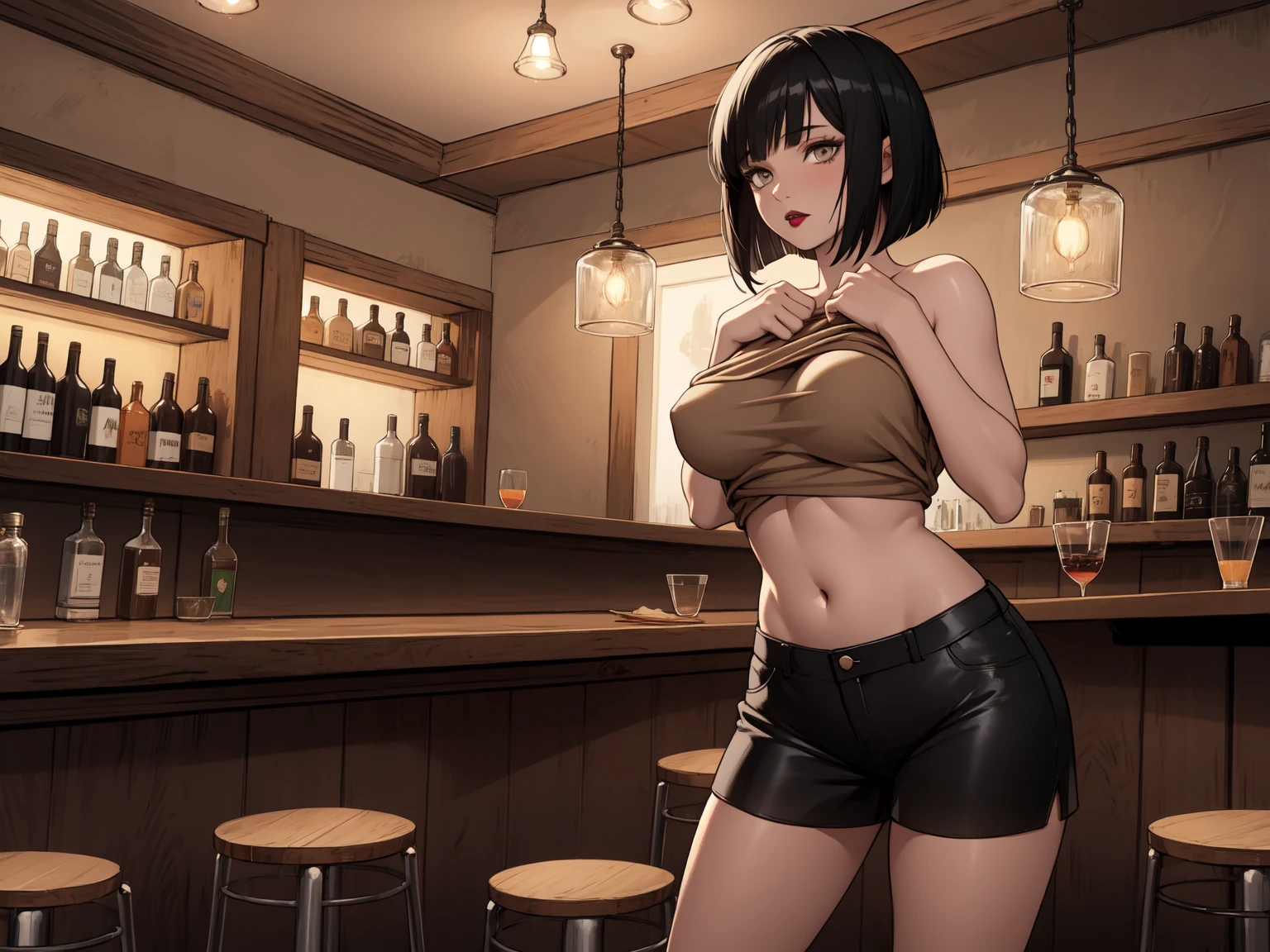 digital art, Himeno, masterpiece, best quality, sexy pose, at the bar, tank top, lace panties, medium size breasts