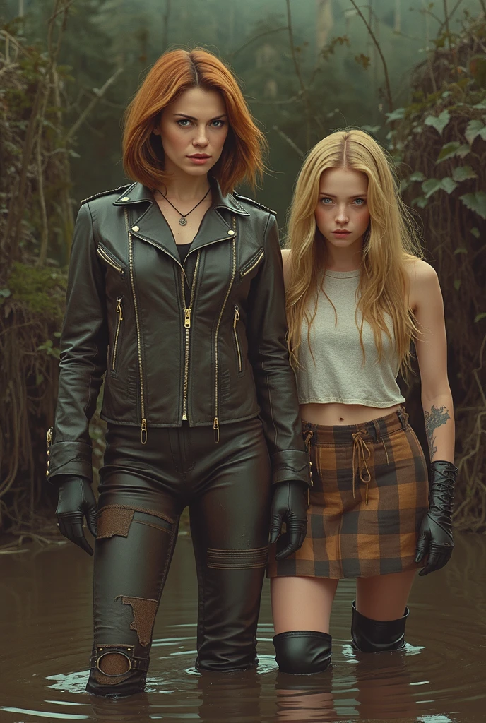 wasteland outlaw, red hair, black leather jacket, patches, retrofuturism, fallout, 50s