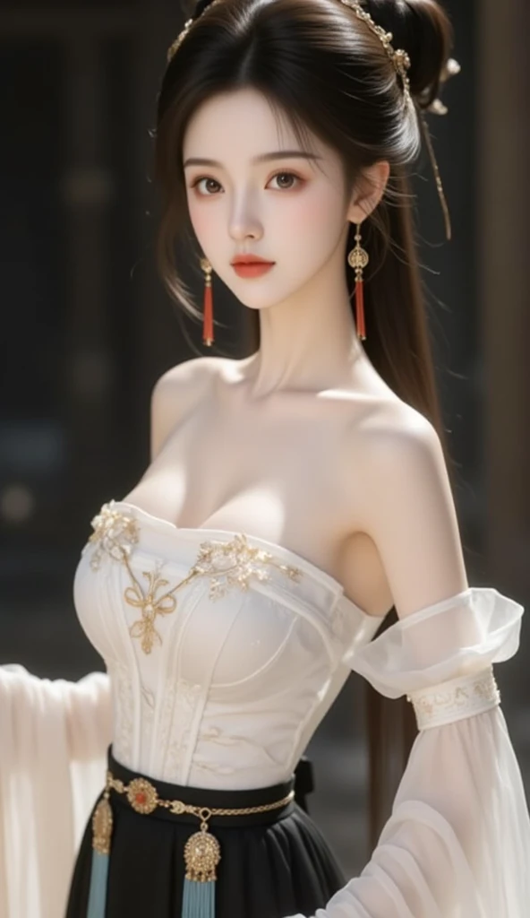 Best quality, masterpiece, high resolution, 1girl, porcelain dress, hair accessories, necklace, jewelry, beautiful face, on the body, Tyndall effect, realistic, dark studio, edge lighting, two-tone lighting, (high detail skin: 1.2), 8k UHD, dslr, soft light, high quality, volumetric light, candid, photo, high resolution, 4k, 8k, background blur,