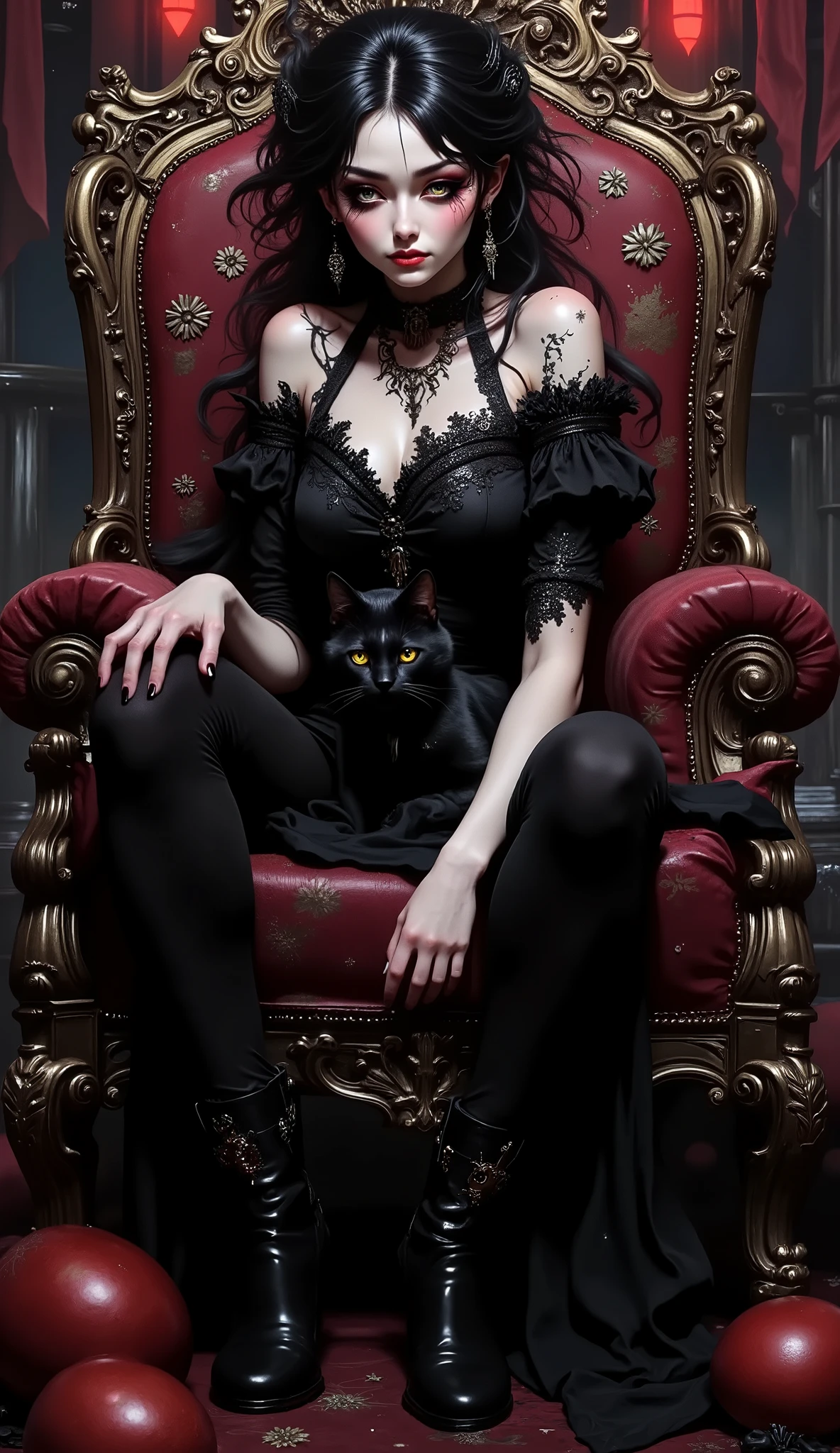 Masterpiece ,Best Quality,Higher quality,High Detail,超high resolution,8K resolution,panoramic,full body photo,Exquisite facial features,Perfect face,high resolution,is very detailed, Amazing quality ,masterpiece, very beautiful,RBL-Illu, particle effect,movie effect, 1girl,solo,Witch,Gothic,boring的臉,Gothic Dress,Boots, looking at viewer,Beautiful Eyes,boring, Pet Cat,black cat,relaxed posture, Cemetery, full body photo,