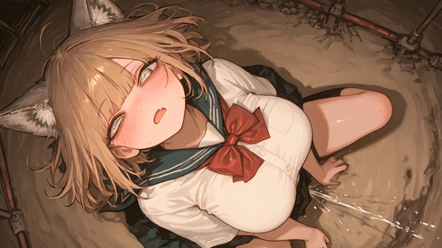 (rain:1.4), (debris,rubble,scattered garbage,messy:1.3), (outdoors,abandoned hospital,desolation,wasteland:1.3), ((night)),
(ultra-detailed,absurdres,absolutely resolution,highres:1.3), clothes reflecting light, cinematic lighting,
((1boy and 1girl,couple focus,hetero)), BREAK
(boy,faceless male,Boy is naked:1.4), BREAK
((frontdoggy,doggystyle,1girl,1boy,hetero,sex from behind)), (top-down bottom-up,arching,ass up,all fours:1.3), (lying,on stomach,breast press:1.4), (sex,intercource:1.3), breasts, nipples, BREAK
(creampie,cum overflow:1.3), A lot of semen is overflowing, dripping semen, (((cum,after sex))), BREAK
(((constricted pupils))), (((surprised,horrified,scared))), drooling, (saliva trail):1.3, (streaming tears,crying):1.3, (open mouth):1.2, wide-eyed,
BREAK
(alisa reinford,sen1alisa,blonde hair,two side up,purple hair ribbons,feather hair ornaments,long hair:1.3), BREAK
(alisa reinford,sen1alisa,turtleneck,red jacket,green miniskirt:1.3), plaid skirt, pleated skirt, BREAK
(brown thighhighs,wearing boots:1.3),