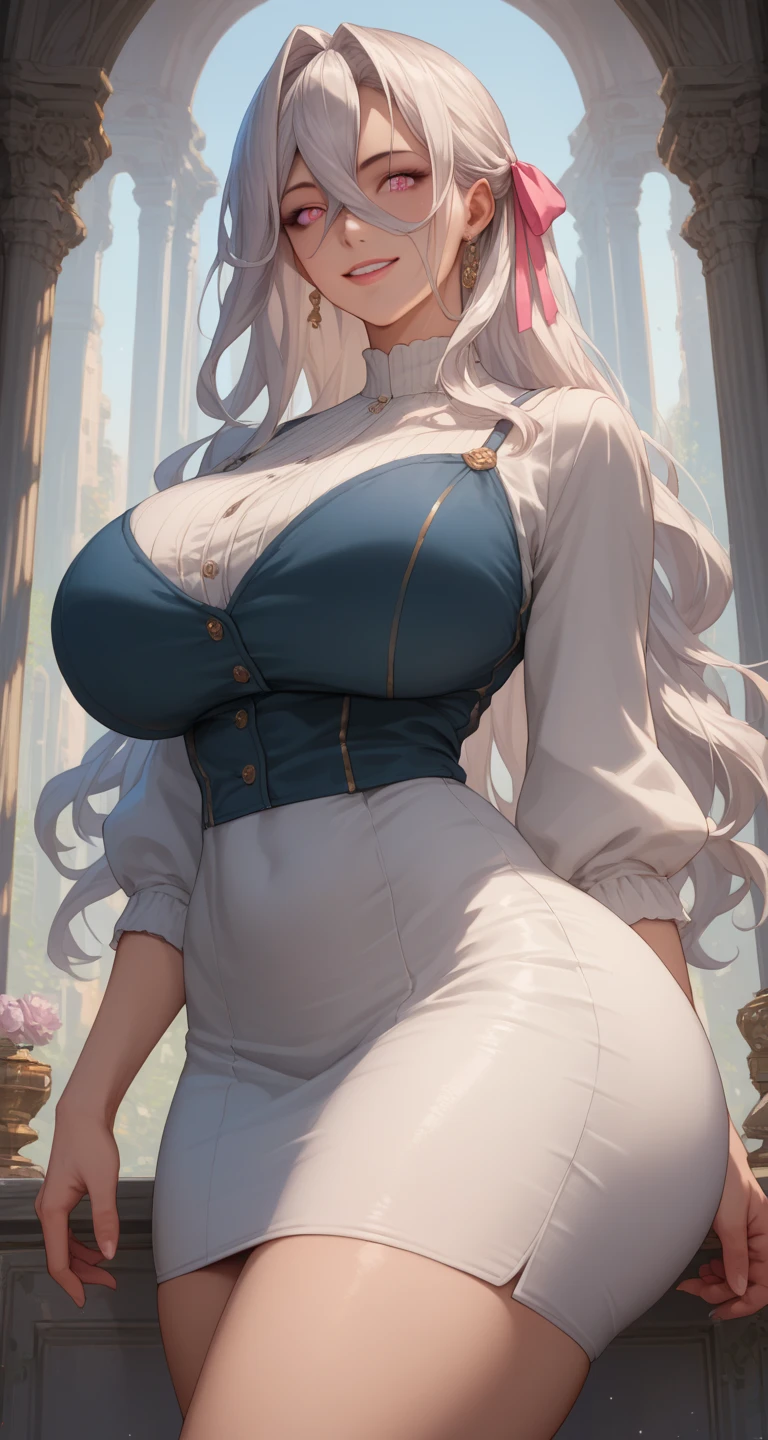 (masterpiece,best quality,ultra_detailed,highres,absurdres) solo, female focus, mysterious, Extremely gorgeous, 1 mature anime female, 25-ish, long black sleek hair, flat bangs, green highlight, floating hair, sidelocks, beautiful detailed Glass hair, delicate beautiful face, (smirk smile), Iridescence silver eyes (detailed eyes), closed_mouth, Delicate arms and hands, (((big_breasts))), (((massive breasts))), (((round breasts))), (Silver eyes), white skin, delicate metal decorations, earrings, Beautifully gorgeous necklace, flowing lace, surreal, intricate light, Flying green petals, lens flare, absurdres, highres, very fine 8KCG wallpapers, simple background, ((close-up shot)), (((modern clothes))) (vest, looking at viewer, collared shirt, long sleeves, white shirt, black vest, earings).