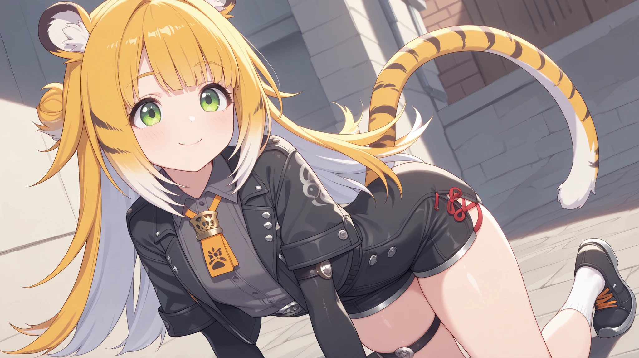 masterpiece, Top quality, amazing quality, inner , Midea, absurd dress, Top quality, 4k, luxury, jufufu, 1 girl, One, green eyes, tiger's tail, tiger Ears, gloves, shirt, smile,shiny eyes , beautiful eyes on my stomach, charming, erotic, shiny legs , sexy, shining eyes, ( cute illustration:1.3), (high color:1.3), detailed beautiful face and eyes, dynamic lighting, anime, viewers look straight up,,ray tracing,, space between hips、buttocks are visible from the thigh、BREAK、volumetric lighting、dutch angle、shiny skin、 shoes, black gloves, short-sleeved shirts, fingerless gloves, shorts, gold, closed mouth, viewers look straight up, , socks, black shorts, Outside, elbow gloves, long hair, collared shirt, white socks, multicolored hair, that fit my eyes, with high cuts on the hips, Black jacket, on all fours