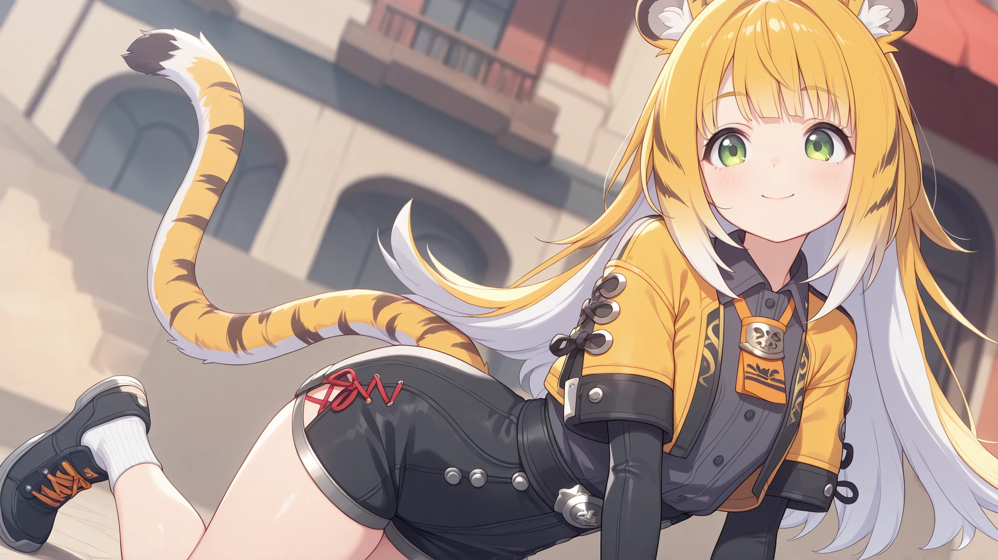 masterpiece, Top quality, amazing quality, inner , Midea, absurd dress, Top quality, 4k, luxury, jufufu, 1 girl, One, green eyes, tiger's tail, tiger Ears, gloves, shirt, smile,shiny eyes , beautiful eyes on my stomach, charming, erotic, shiny legs , sexy, shining eyes, ( cute illustration:1.3), (high color:1.3), detailed beautiful face and eyes, dynamic lighting, anime, viewers look straight up,,ray tracing,, space between hips、buttocks are visible from the thigh、BREAK、volumetric lighting、dutch angle、shiny skin、 shoes, black gloves, short-sleeved shirts, fingerless gloves, shorts, gold, closed mouth, viewers look straight up, , socks, black shorts, Outside, elbow gloves, long hair, collared shirt, white socks, multicolored hair, that fit my eyes, with high cuts on the hips, Black jacket, on all fours