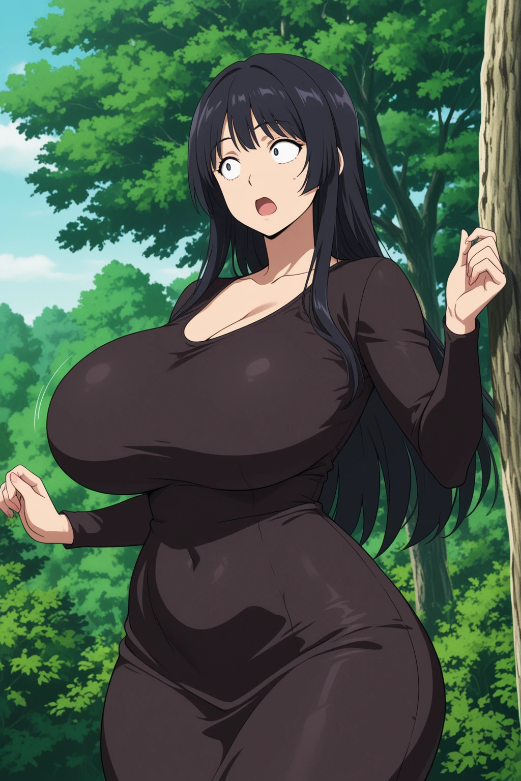 masterpiece, best quality, ultra-detailed, illustration, colorful, falt color, depth of field, lens flare, 1girl, ahri \(league of legends\), black hair, yellow eyes, hair ornament, fox ears, fox tails, anime, (shortstack), (shortstackBT), (closeup), (upper body), cowboy shot, looking at viewer, at forest, (black lace bra, black lace panties), short height, detailed skin texture, beautiful detailed face, open mouth, fangs, excited, seductive, alluring attire, collarbone, (gigantic breasts, perky breasts, huge breasts, curvy, voluptuous, curvaceous)