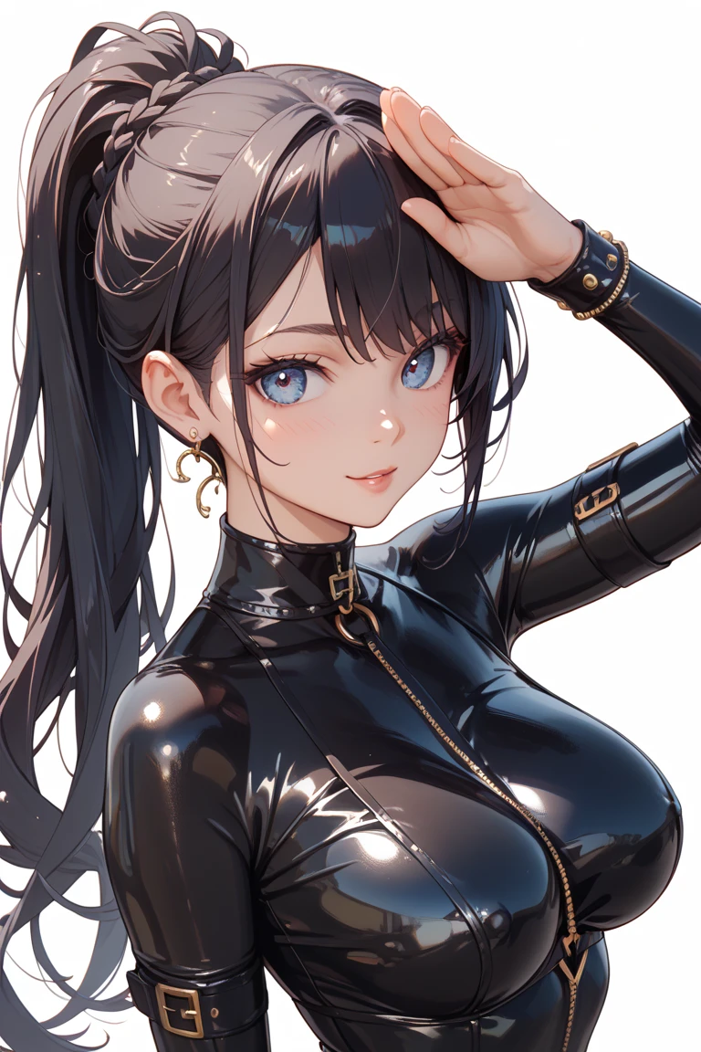 ((Marnie)), portrait, smiling, voluptuous, cleavage, black hair, wavy hair, gray croptop, long black jacket, blue jeans, face portrait, mature adult, upper body shot, undressing jacket