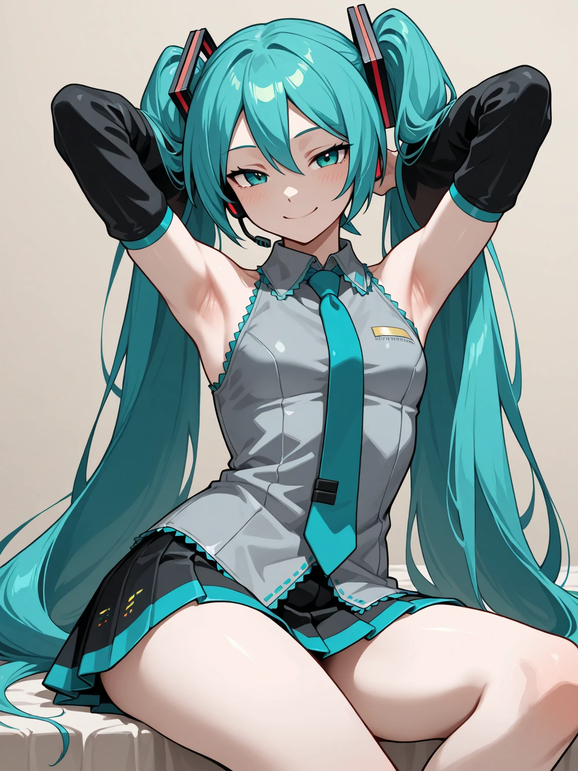 (masterpiece, best quality:1.2), solo, 1girl, hatsune miku, smile, lookng at viewer, sitting, crossed legs, twintails, headset, sleeveless shirt, necktie, detached sleeves, skirt, thighhighs