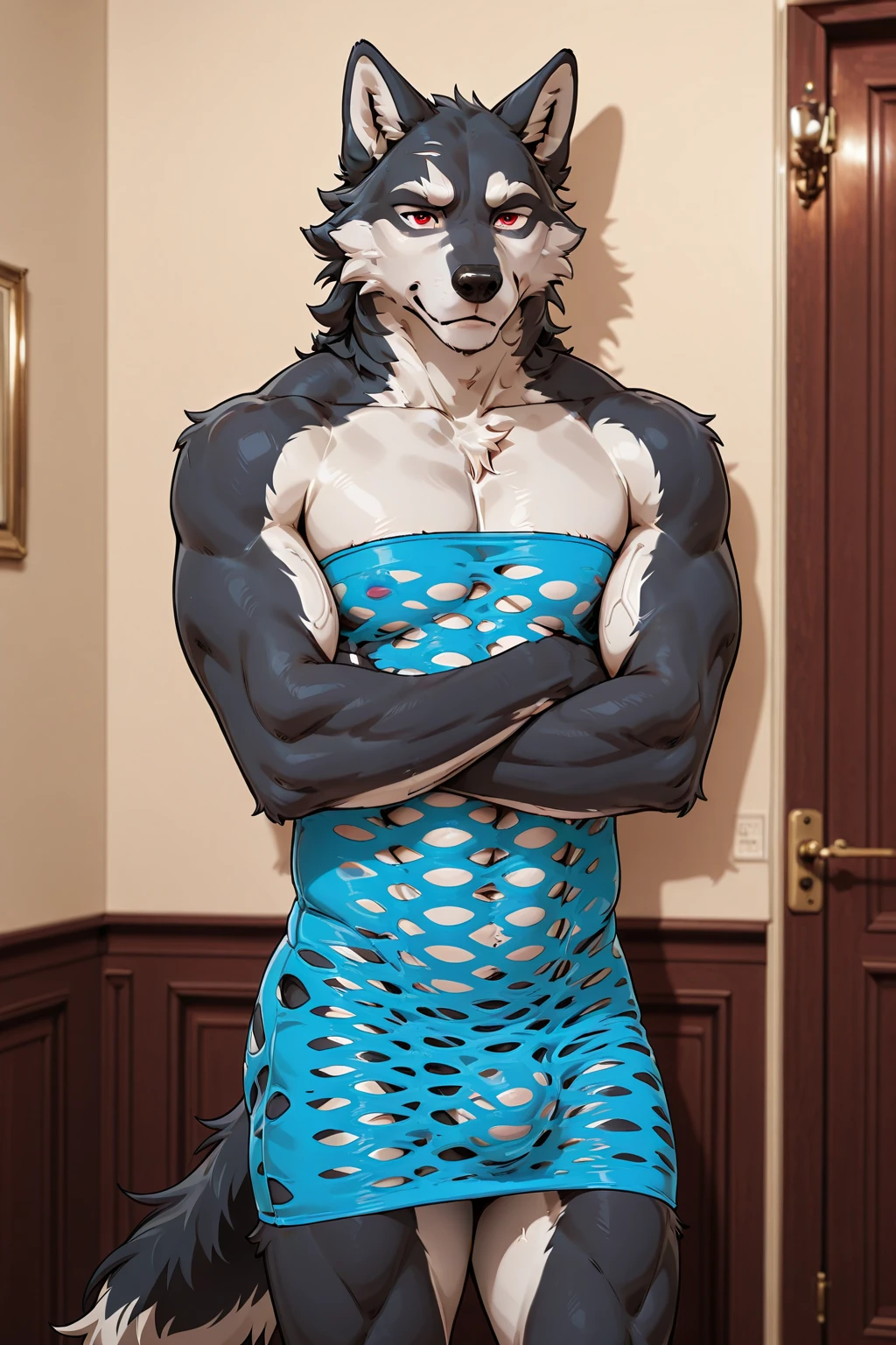 An adult male muscular Fox fursuit alone in New Zealand a 25 year old American looking at the viewer looking happy wearing a very sexy tight thong blue fur and red eyes outdoors posing for the camera now to match a black tie a perverted smile.