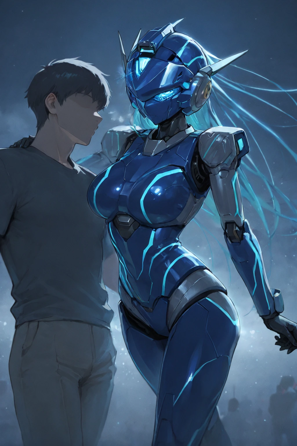 (masterpiece:1.2) (((32k))),(((Highest quality))), masterpiece, add_detail best quality, 8k, high resolution, Poster, Futuristic, blue shades, robotic man, male robot, human girl, girl and a robot love scene, girl and robot romantic scene, girl touching the robot check, in love, romantic, human girl and male robot, girl and robot in love, kissing, hugging, emotional