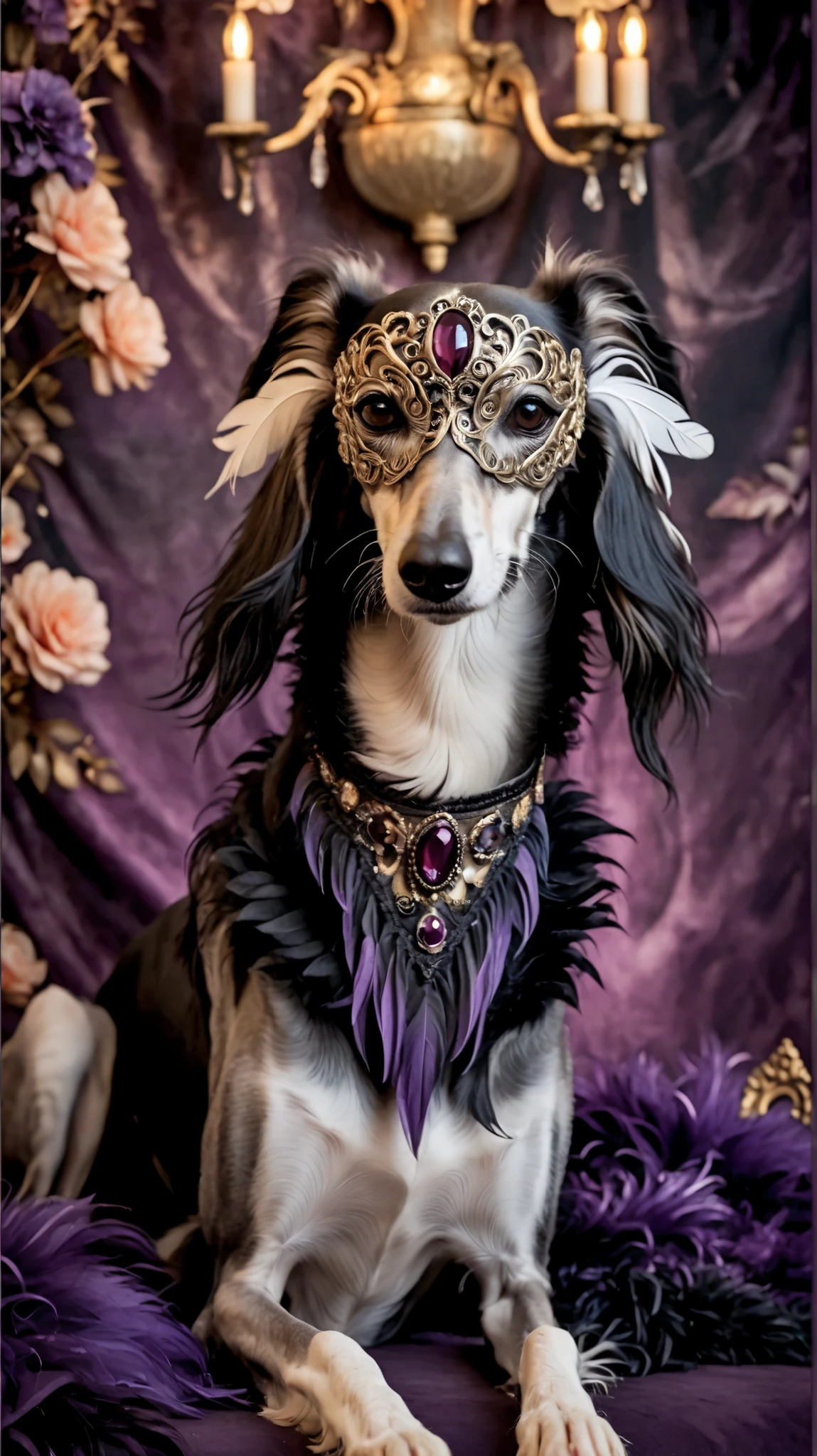 saluki dog sitting in ornate (masquerade mask) with feathers, jewels, or intricate metalwork in elegant violet dress. Set against an masquerade backdrop that is covered in flowers. saluki, greyhound, borzoi, sighthound, paws, black fur, night, The lighting is warm and festive