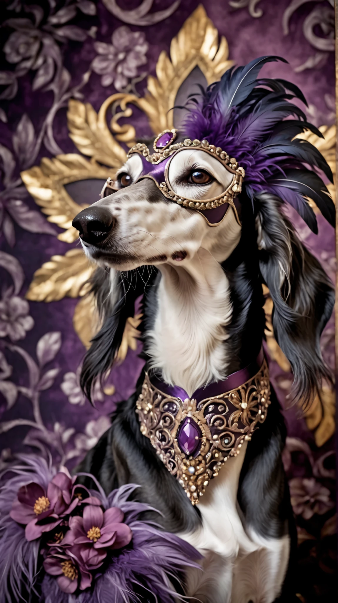 saluki dog in ornate (masquerade mask) with feathers, jewels, or intricate metalwork in elegant violet dress. Set against an masquerade backdrop that is covered in flowers. saluki, greyhound, borzoi, sighthound, paws, black fur, armpit, night,
