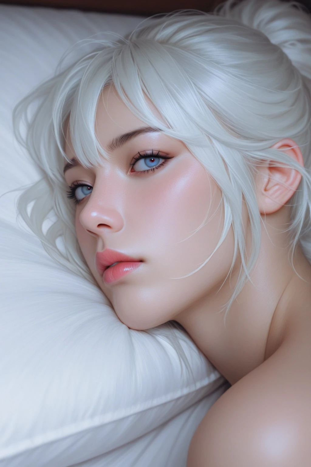 analog photo, editorial fashion photography, Best quality, masterpiece, ultra high res, (photorealistic:1.4), raw photo, 24 year old white haired woman  in bed, platinum hair, wink, pink eye makeup, night, moonlight, full body, micro bikini, huge breasts, Ultra-detailed, light on the face, (shiny lips 1.4), Best Quality, The ultra-Highres, (Photorealistic:1.4), in 8k resolution, Slim Body, White-glowing skin, large full breasts, cleavage, eye level, Kodak Funsaver, Porta 160, 20mm, bokeh, in the style of Nan Goldin, textured, distressed, ((vintage)), edgy, noisy, high contrast, ralistic, ultrarealistic, 4k, hyperreal, modern, ((minimal)), high class, expensive, premium, chic, 
