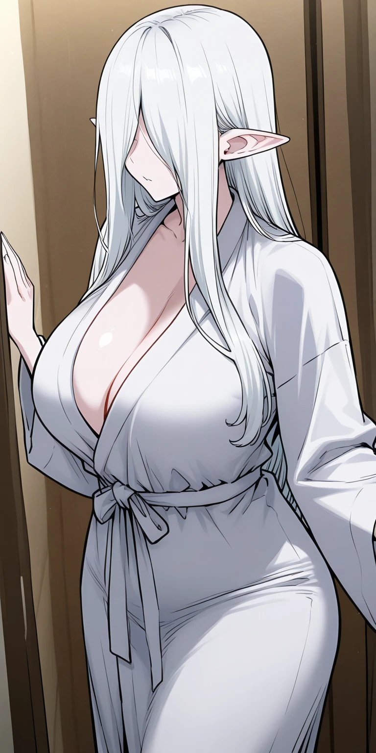 (8k, RAW photos, top quality, masterpiece: 1.2), (realistic, photorealistic: 1.37), (High Quality), (Ultra realistic), (High Details), (Face detail), (Shadow Detail), (big breast), (17yo), Looking at viewers, 1 girl, solo, Green eyes, White hair, Twotails hair, Elf Ears, Pink Lips, Extreamly Face Detailed, (Wide Hips), White Towel, Body Towel Wrap, smile, Frieren
