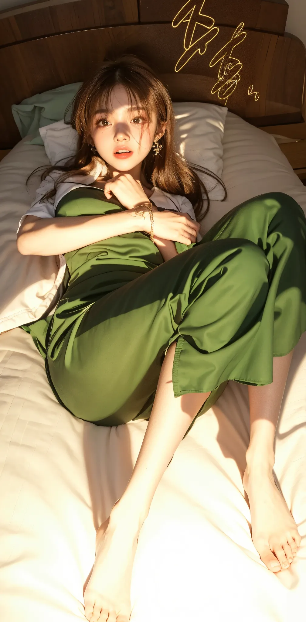Sleeping girl, 30 years japanese , realistic, she is wearing short panty, she is wearing ocean olive green silky sexzy dress, dark crop black hair.