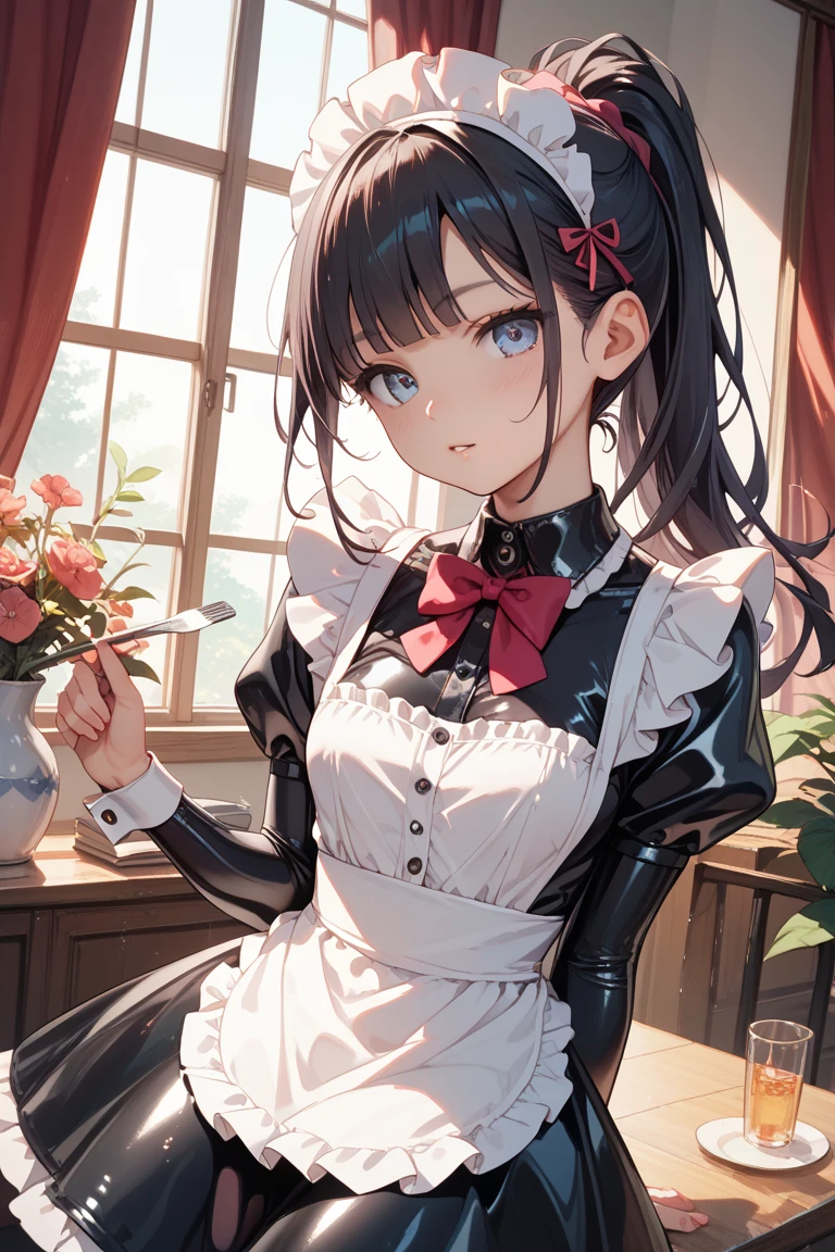 a woman in a black and white dress holding a glass, gapmoe yandere grimdark, gothic maiden anime girl, anime girl in a maid costume, maid outfit, maid dress, creepy pose, gapmoe yandere, twintails white gloves, noire. Black hair, green eyes