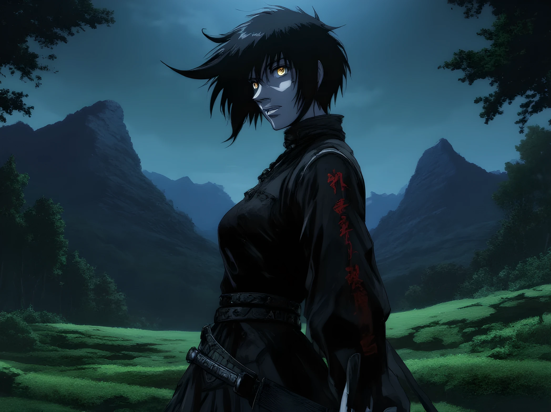 hellsing_ultimate_style,Portrait, girl, short black pixie hair, warrior, with sword on right hip, black kimono, pale, brown eyes, tattoo on left arm in the form of Chinese characters, beautiful, dark fantasy, gothic, chinese fantasy, gloomy, field and mountains in the background, night, good qualit