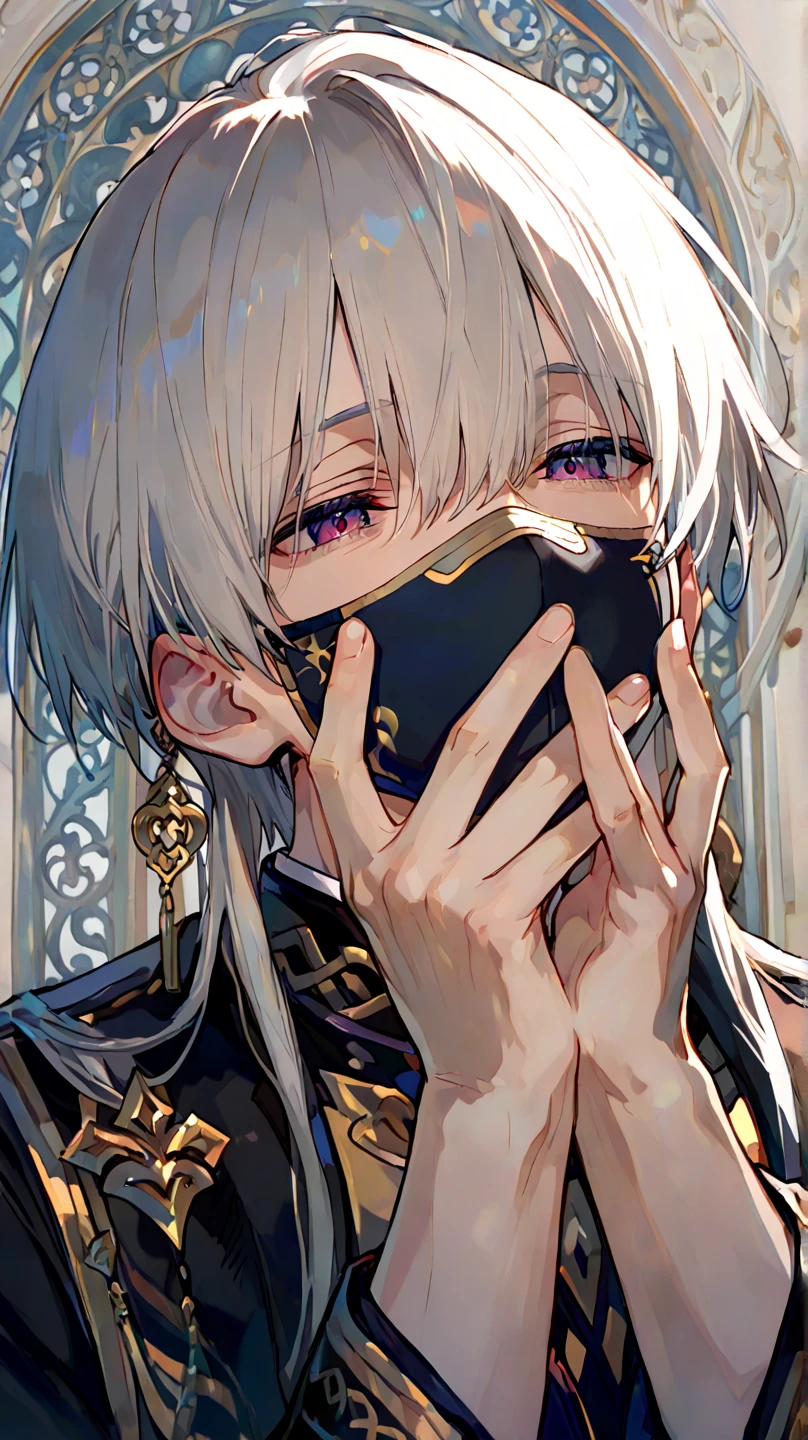 Handsome antique boy head, dashing, cloth blindfolded, white bandage on hands, wearing earring necklace, blue tone, cold, silver hair, face closeup, dark background, portrait