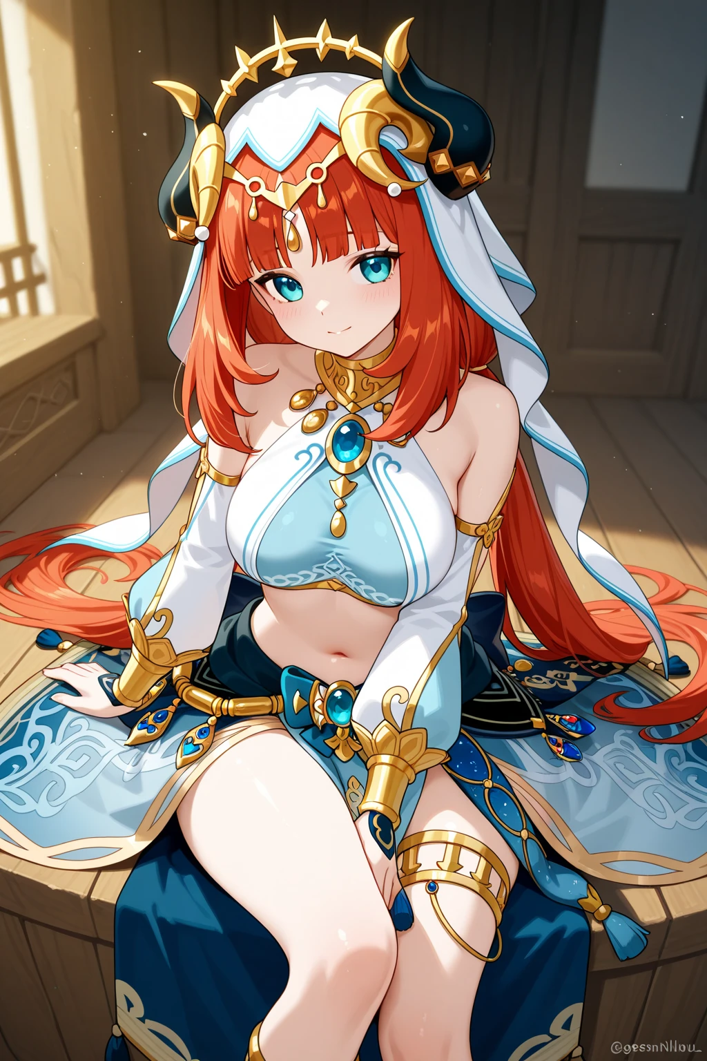 (masterpiece), best quality, expressive eyes, perfect face,Mature female,1 girl (nilou,Genshin impact),(harem outfit,exposed midriff,topless),royal bedroom background,medium breasts,smile,topless,nipple,slim figure,